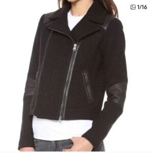 Vince Moto Jacket wool chunky bouclé textured weave with leather accents zipper